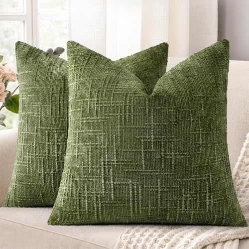 decorUhome Textured Chenille Throw Pillow Covers 24x24 Set of 2 Olive Green by decorUhome