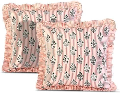 Ridhi Salmon Blossom Block Print Ruffle Pillow Covers 16x16 Inch Set of 2 by Ridhi