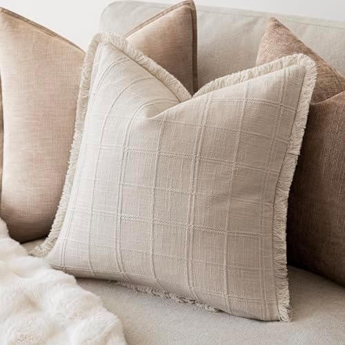 Foindtower Set of 2 Decorative Linen Check Fringe Throw Pillow Covers Farmhouse - Image 5