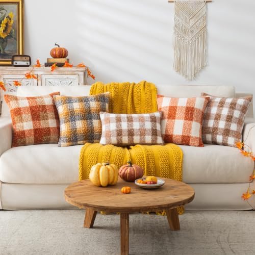 AQOTHES Plaid Fall Throw Pillow Covers Orange Write 12x20 Inch Set of 2 - Image 6