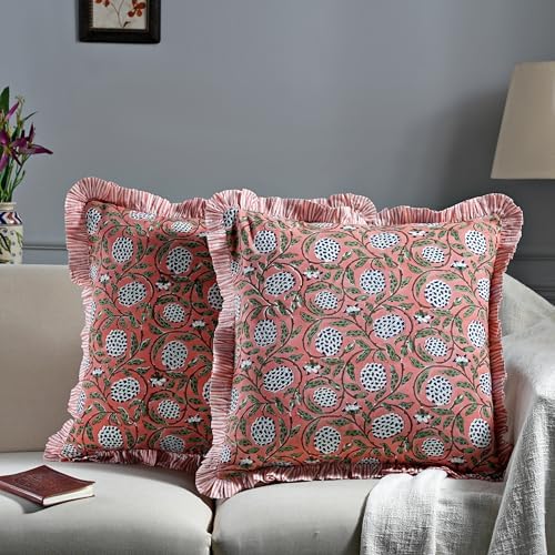 Ridhi Dark Salmon Pink Block Print Ruffle Pillow Covers 24x24 Inch Set of 2 - Image 2