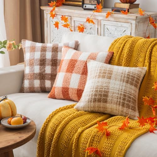 AQOTHES Plaid Fall Throw Pillow Covers Orange Write 18x18 Inch Set of 2 - Image 3