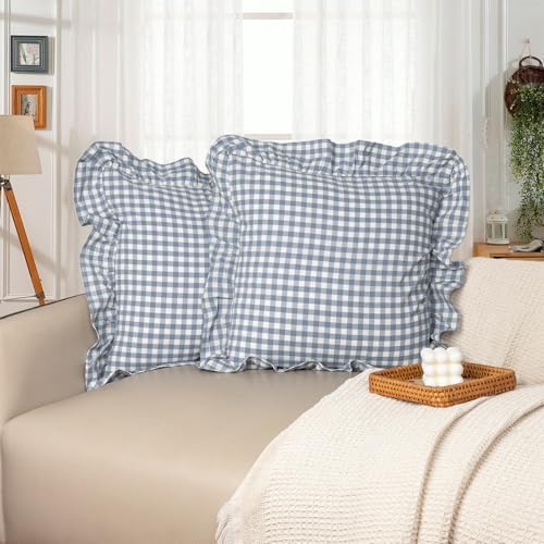 JoraLion Ruffled Throw Pillow Cover 16x16 Gingham Smoke Blue by JoraLion