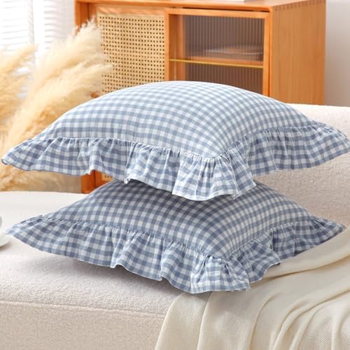 Dusty Blue Gingham Throw Pillow Covers 18x18, Ruffle Trim - Image 7