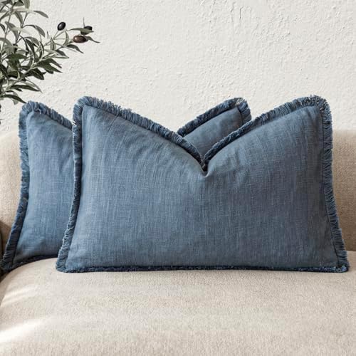 Foindtower Boho Linen Fringe Lumbar Throw Pillow Covers 12×20 Dark Blue by Foindtower