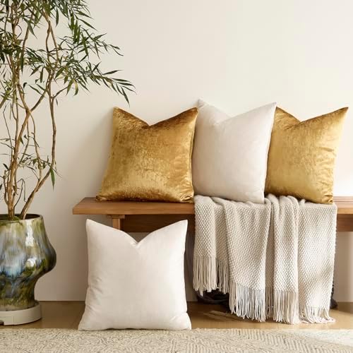 GIGIZAZA Pack of 4 Decorative Velvet Pillow Covers 20x20 Ivory Gold - Image 3