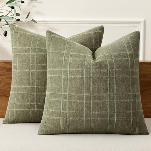 MIULEE Linen Plaid Pillow Covers Decorative 20x20 Sage Green by MIULEE