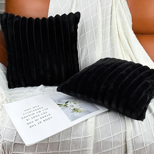 COTEY 24x24 Decorative Faux Fur Throw Pillow Covers Set of 2- Black - Image 3