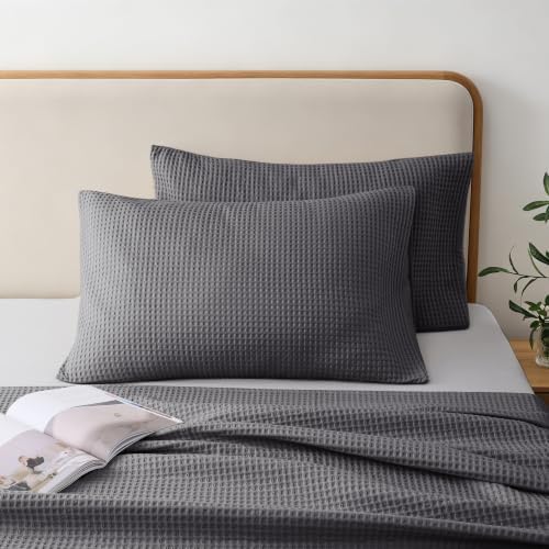100% Cotton Waffle Pillow Shams Standard Size Set of 2, Dark Grey - Image 3