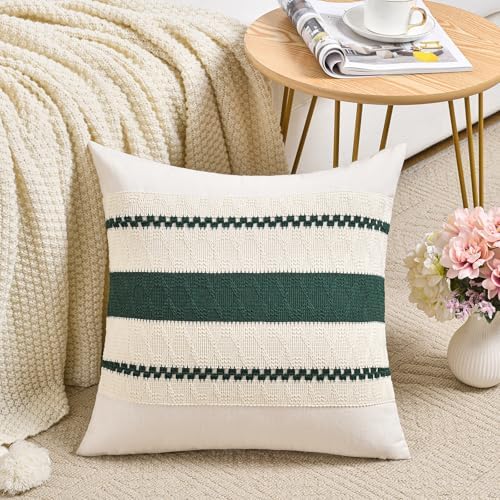 Fancy Homi Set of 2 Dark Green Boho Decorative Throw Pillow Covers 18x18 Inch - Image 2