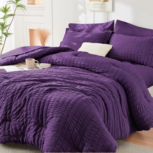 HYMOKEGE Dark Purple Twin Comforter Set Seersucker 5 Pieces, All Season Luxury by HYMOKEGE