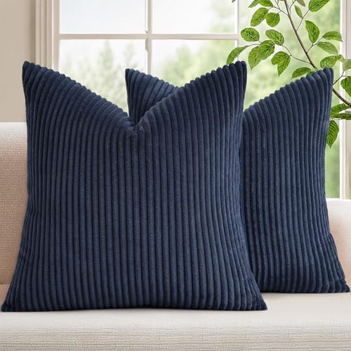 Mecatny Corduroy Decorative Throw Pillow Covers 24x24 Set of 2 Deep Blue by Mecatny