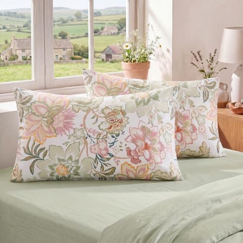 Bedorm 100% Cotton Pillowcases Set of 2 Queen Size Floral Pillow Cover Green - Image 2