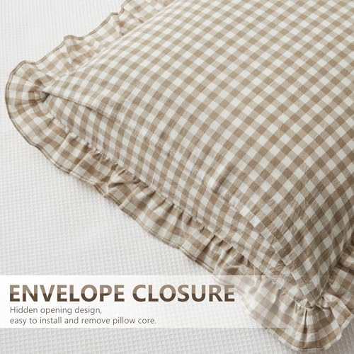 KKJIAF 2 Pcs Ruffle Gingham Pillow Covers 20" x 20", Taupe/White Plaid - Image 5
