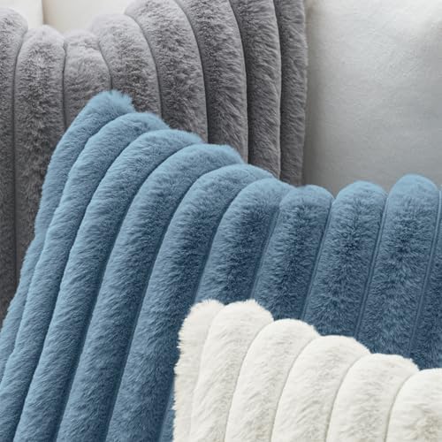 MIULEE Faux Fur Decorative Euro Sham Pillow Covers 24x24 Grey Blue 2 Pack - Image 5