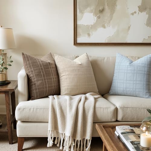 MIULEE Linen Plaid Pillow Covers Decorative 18x18 Coastal Blue - Image 3