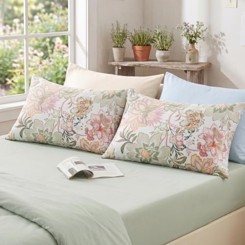 Bedorm 100% Cotton Pillowcases Set of 2 Queen Size Floral Pillow Cover Green - Image 7