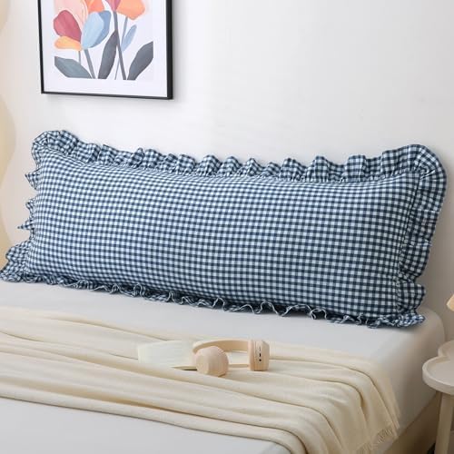 Navy Gingham Body Pillow Cover 20x54, Ruffled Cotton Sham by Jilboo