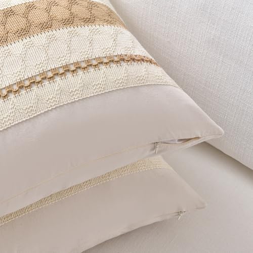 Fancy Homi Set of 2 Tan Neutral Decorative Throw Pillow Cover 14x14 Inch - Image 3