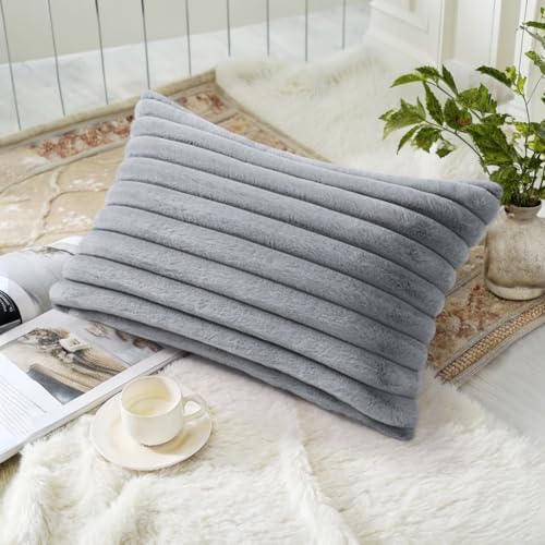decorUhome Fall Faux Fur Throw Pillow Covers 12x20 Set of 2 Grey - Image 4