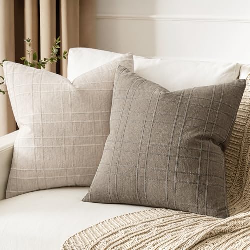 MIULEE Linen Plaid Pillow Covers Decorative 20x20 Tan Taupe - Image 3