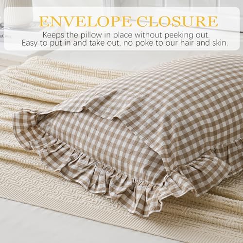 Taupe/White Plaid Euro Pillow Shams Ruffle Pillowcases, 26x26 Inches - Image 6