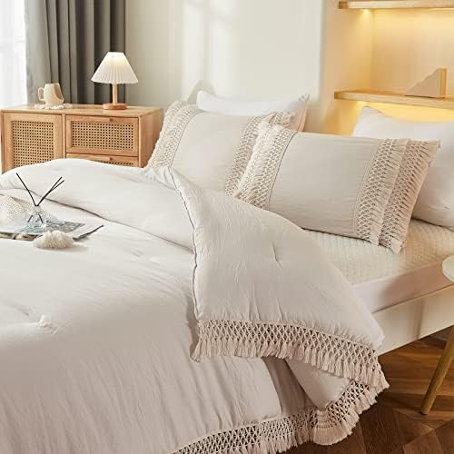 Beige Gray Tassel Pillowcases, Cream Boho Pillow Cases Set of 2, 100% Washed - Image 3