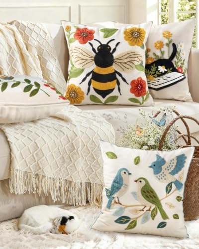 Animal Embroidered Throw Pillow Cover 20x20 Inch, Bee Floral - Image 6