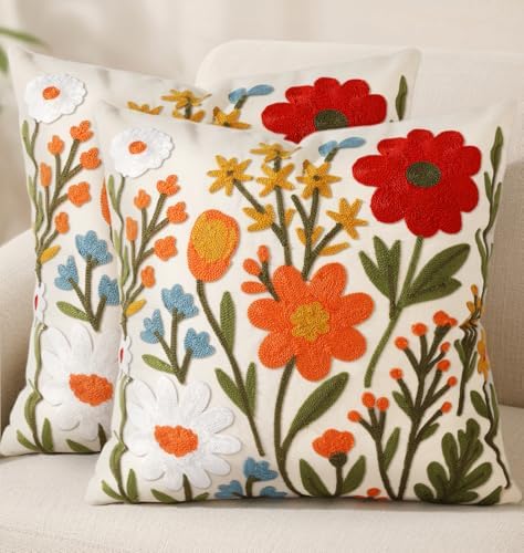 Embroidered Throw Pillow Covers 18x18 Inch, Flower Cluster by Kokaaee