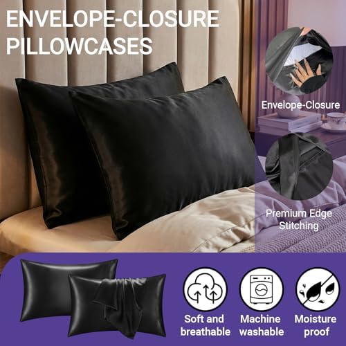 2 Pack Satin Pillowcases Black Standard Size 20x26 Inch - Image 2