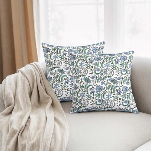 Ridhi Block Print Columbia Blue Pillow Cover 18" x 18" Decorative Couch Pillows - Image 2