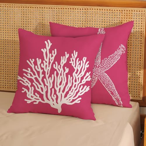 Coastal Pillow Covers 18x18 Inch Set of 2 Hot Pink Coral Starfish Throw Pillows - Image 2