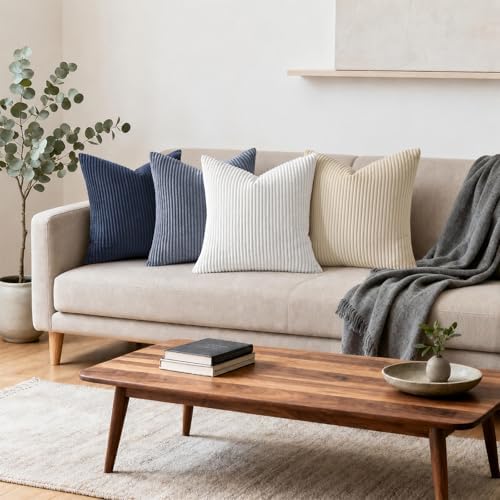 Mecatny Corduroy Decorative Throw Pillow Covers 16x16 Set of 2 Deep Blue - Image 3