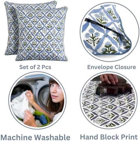 Ridhi Block Print Light Steel Blue Pillow Cover 24" x 24" Decorative Couch - Image 4