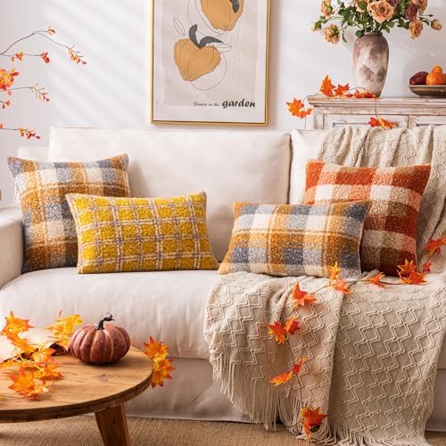 AQOTHES Plaid Fall Throw Pillow Covers Orange 22x22 Inch Set of 2 - Image 3