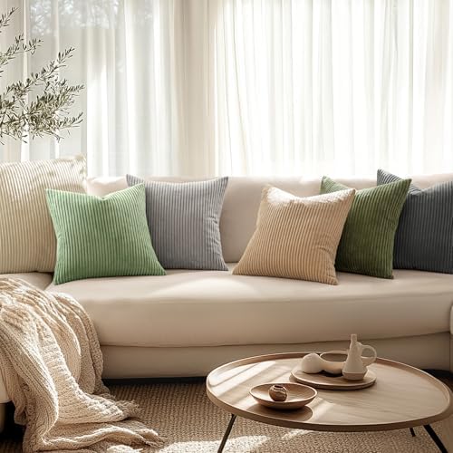 MIULEE Decorative Corduroy Throw Pillow Covers Set of 2 20x20 Olive Green - Image 3