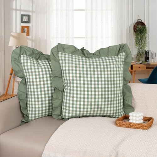 JoraLion Ruffled Throw Pillow Cover 18x18 Gingham Green Solid Edge by JoraLion