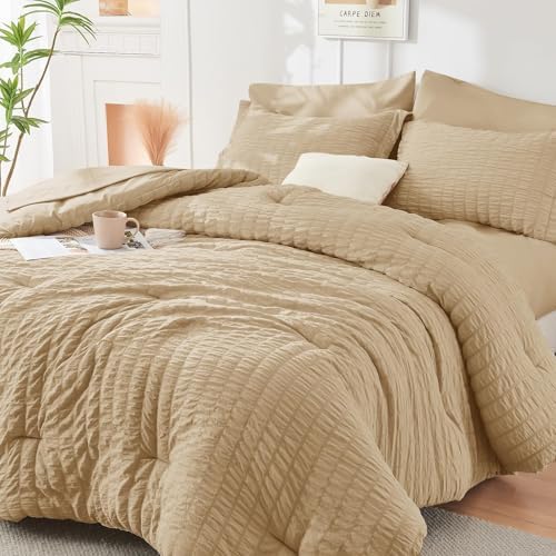 HYMOKEGE Khaki Full Size Comforter Sets Seersucker 7 Pieces, All Season Luxury by HYMOKEGE