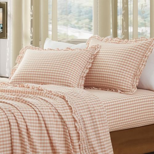 KKJIAF 2 Pcs Plaid Ruffle Pillow Case King Size, Light Pink Plaid - Image 3