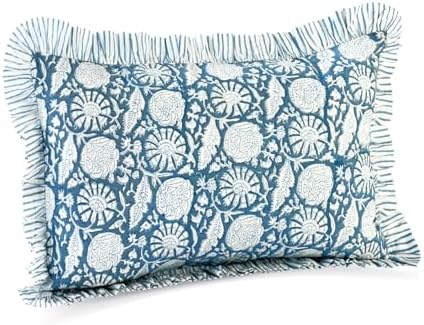 CPC Block Print Blue Meadow Ruffle Cotton Lumbar Pillow Cover 12x20 inch by COTTONPRINTCLUB