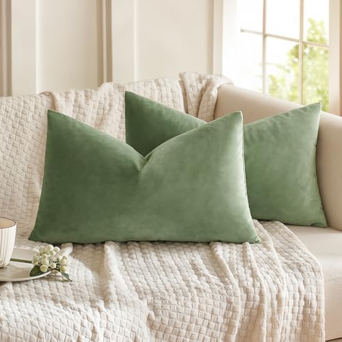 MIULEE 12x20 Inch Lumbar Velvet Throw Pillow Covers Sage Green by MIULEE