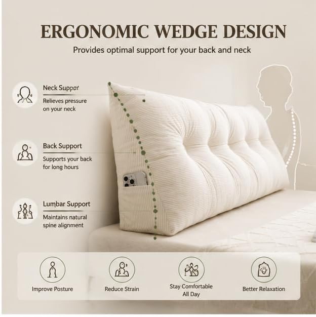 Dorm Bed Wedge Headboard Pillow Back Support Cushion，Beige：39.37x15.75in - Image 5