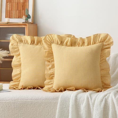 Gingham Throw Pillow Covers 18x18, Mustard/White, Ruffle Trim - Image 2