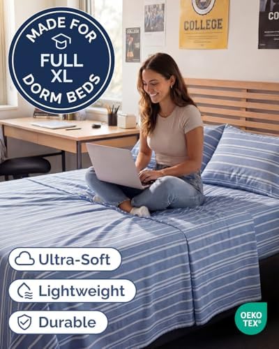 Full XL Sheets - 4 Piece Full XL Sheet Set - Soft & Cooling - Blue Stripes - Image 2