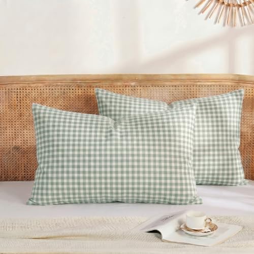 Merryword 100% Cotton Pillow Cases, Queen Size, Sage Gingham Pillowcases by Merryword