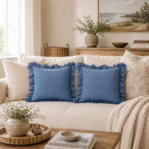 JoraLion Ruffled Throw Pillow Cover 18x18 Solid Dark Blue - Image 6