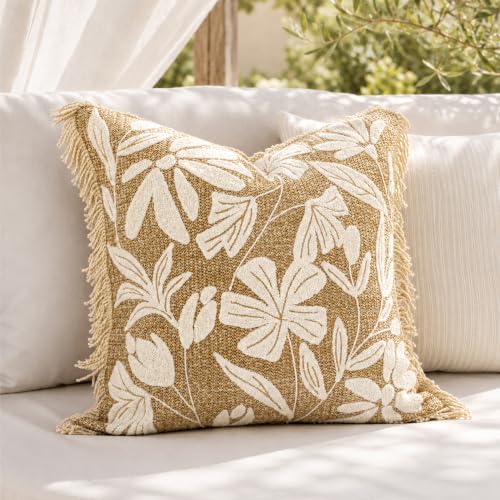 BlissBlush Throw Pillow Cover 20x20 Inch Indoor Outdoor, Jute-Look Floral by BlissBlush