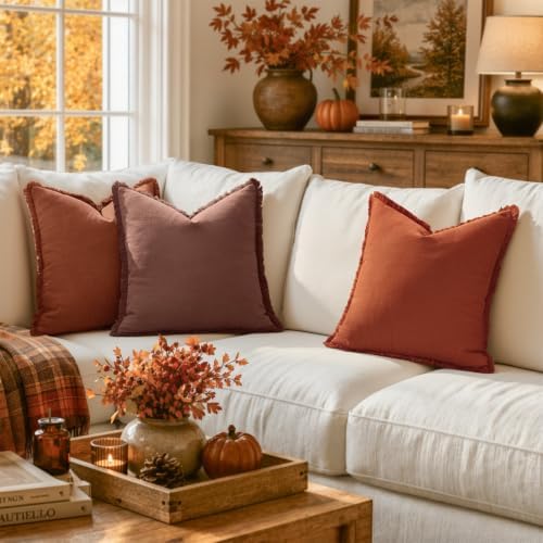 MIULEE Linen Fringe Decorative Fall Throw Pillow Covers Burnt Orange 18x18 - Image 2