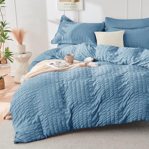 HYMOKEGE Mineral Blue Oversized King Comforter Set Seersucker 7 Pieces - Image 2