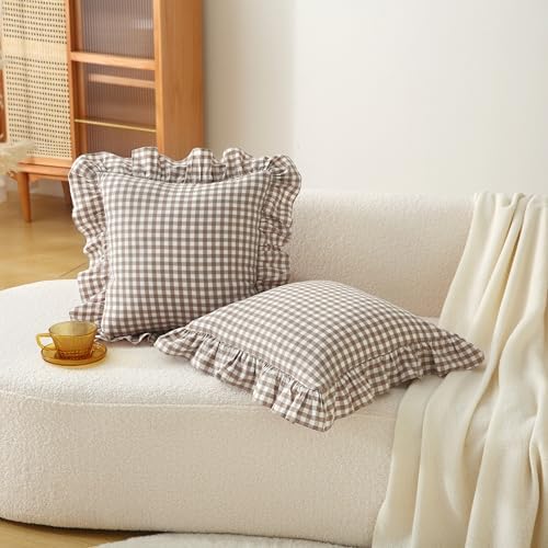 Gingham Throw Pillow Covers 18x18, Warm Taupe/White, Ruffle Trim - Image 2